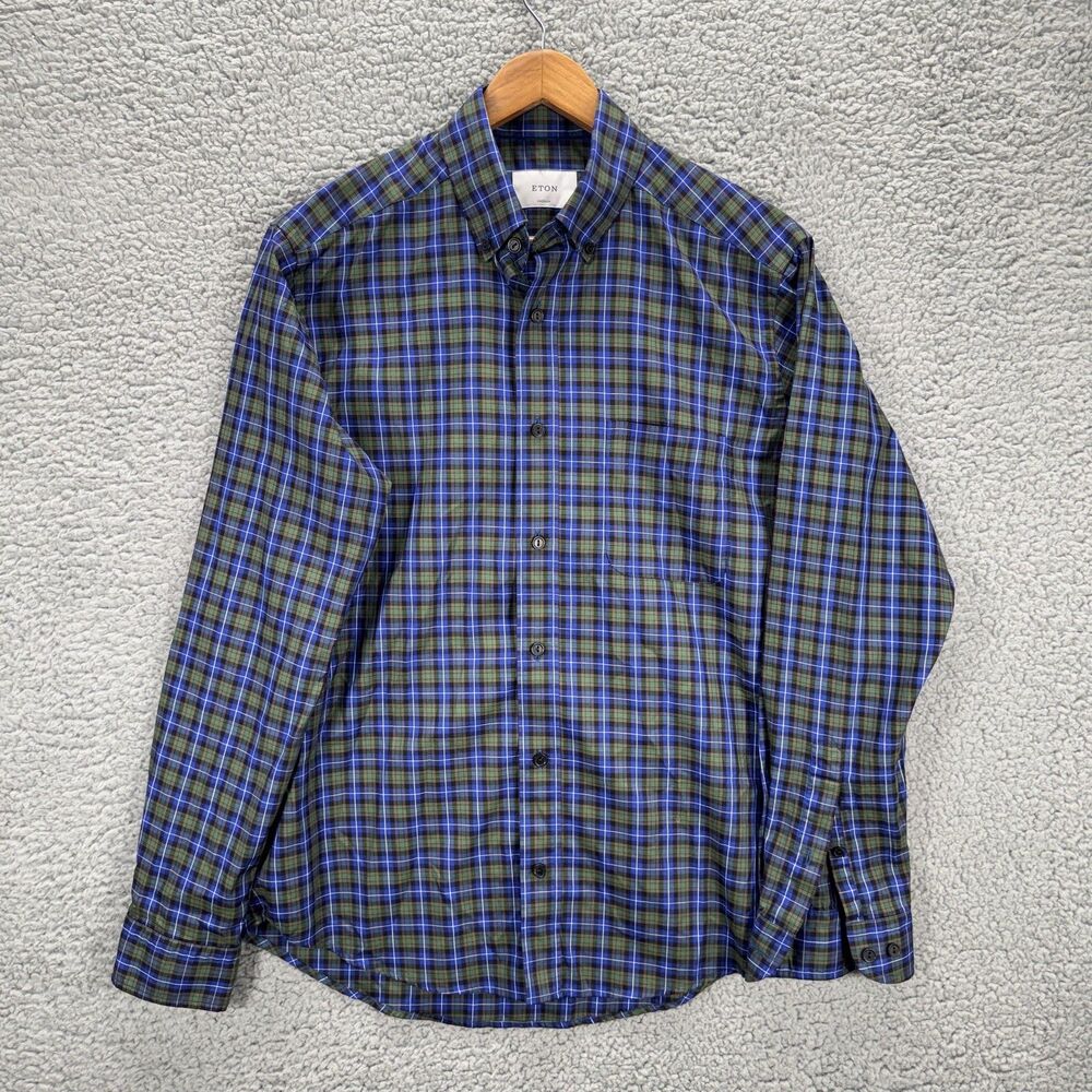 Eton Shirt Mens Medium Blue Green Plaid Long Sleeve Button Up Cotton Pocket